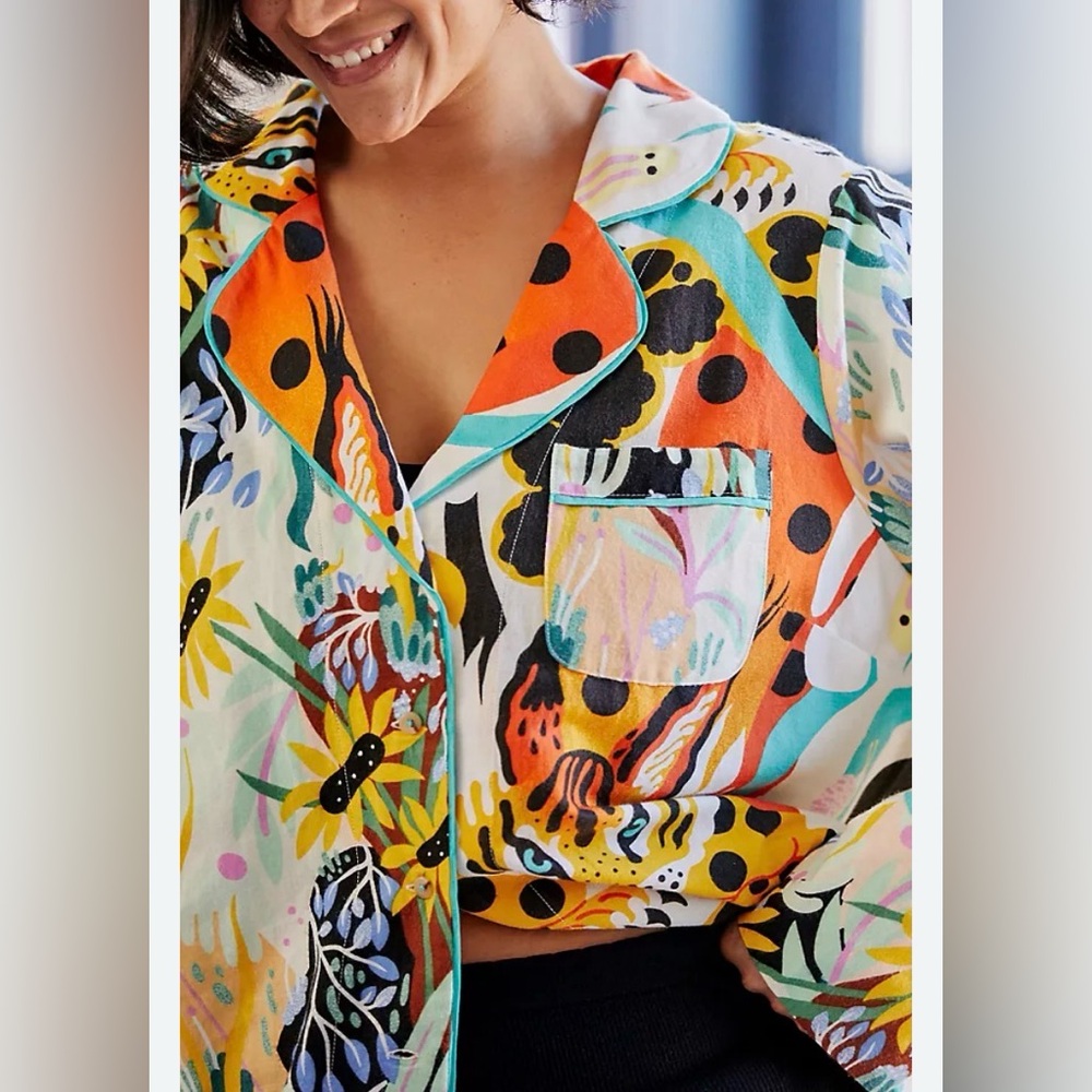 Marcos Navarro for Anthropologie Flannel Sleep Top Colorful Animal Print small - Picture 6 of 11